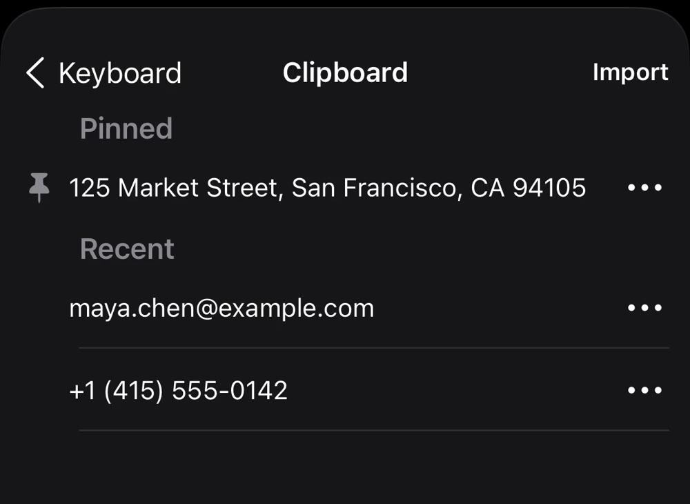The real Typez clipboard showing a pinned address and recently copied items